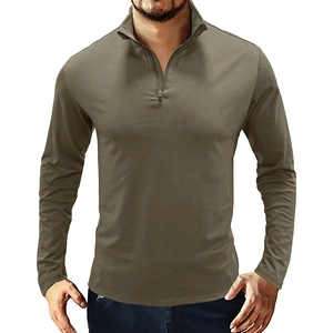 Men Casual Cotton Blend Long Sleeve Polo Shirt 1/4 Zip Stand Collar Solid Color Breathable Top For Autumn Daily Wear