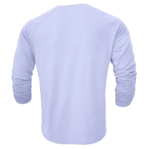 Rear view of a lilac long sleeve henley shirt with raglan sleeves and ribbed cuffs