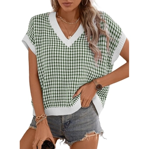 Gilet en tricot pour femme col en V motif pied-de-poule vert et blanc décontracté