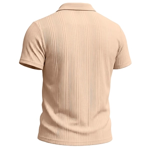 Detail of light beige polo shirt showing its vertical ribbed texture and premium back design