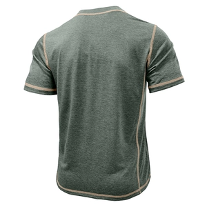 Detail view of the back of a green marl athletic t-shirt with contrast stitching seams