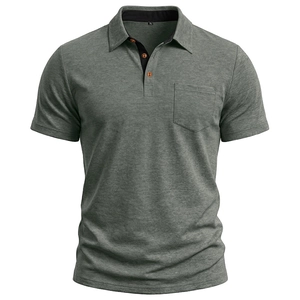Men's short sleeve grey polo shirt with contrast collar, three buttons, and a chest pocket