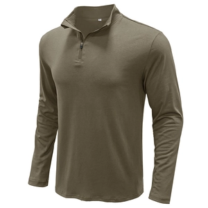 Men's olive green long sleeve polo shirt with quarter zip and stand collar style