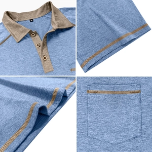 Detail view of men's blue polo shirt with brown contrast collar, stitching and pocket