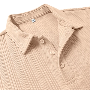 Macro shot of vertical ribbed texture and three-button polo collar on beige knit fabric