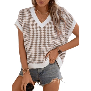 Gilet en maille pied-de-poule pour femme avec col en V et finitions blanches côtelées
