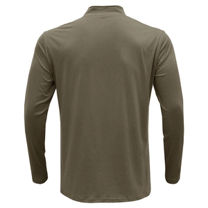 Men's olive green long sleeve quarter-zip polo shirt with stand collar back view