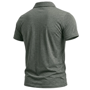 Back view of men's dark grey short sleeve polo shirt with breathable marl texture