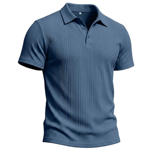 Detail of grey-blue polo shirt showing vertical pleated knit fabric and buttoned lapel