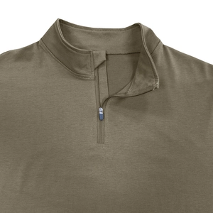 Men's olive green long sleeve polo shirt featuring quarter-zip stand collar and ribbed fabric