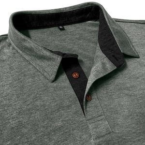 Detail of dark green knit polo shirt with black contrast collar and brown buttons