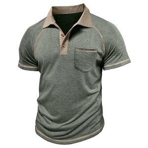Detail of grey-green polo shirt showing contrasting khaki collar and raglan sleeve seams