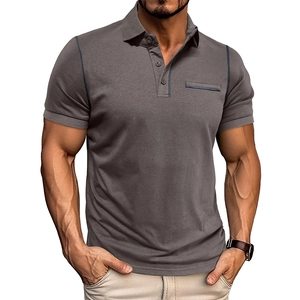 Slim fit grey short sleeve polo shirt for men with navy contrast stitching and chest pocket