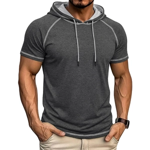 Detail of dark grey hooded t-shirt with contrast stitching and woven drawstrings