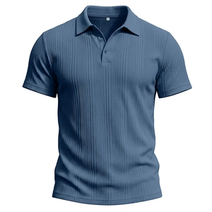 Detailed close-up of dark blue polo shirt with textured vertical waffle knit fabric