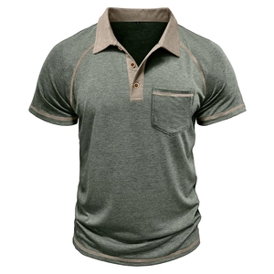 Detail view of olive green polo shirt featuring khaki collar and contrast stitching accents