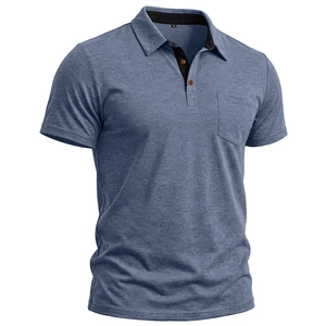 Detail of blue marl polo shirt featuring a chest pocket and contrasting black placket