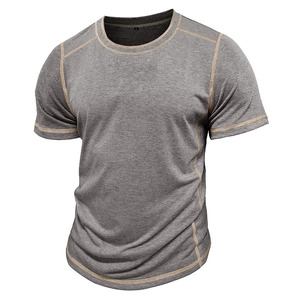Detail view of contrast stitching on a men's dark gray short sleeve Henley t-shirt