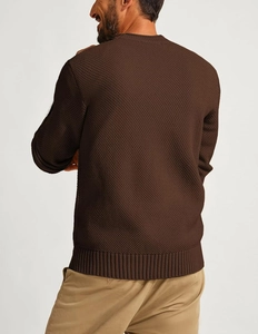 Rear side view of men's dark brown waffle knit sweater showing texture and fit