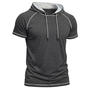 Detail of grey hooded t-shirt with white contrast stitching and adjustable drawstrings