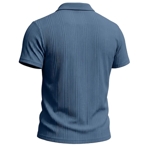 Close-up of men's polo shirt in blue with distinct vertical ribbed texture and high-end fabric