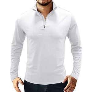 Detailed close-up of white slim fit men's polo shirt with quarter zip and stand collar