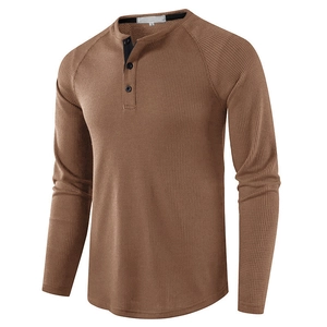 Men's coffee brown waffle knit henley long sleeve shirt with classic three-button neck