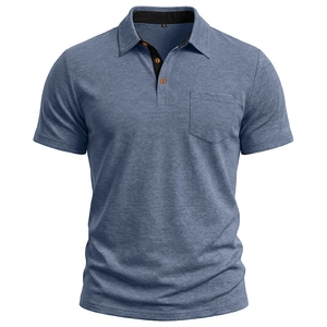 Close-up of heather grey polo shirt with contrast black placket and chest pocket
