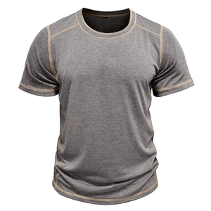 Close-up of contrast stitching on neck and shoulder of grey knit men's Henley shirt