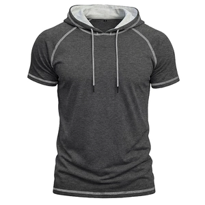 Detail of short sleeve hoodie showing raglan sleeves and grey melange texture