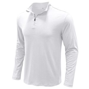 Close-up of white long sleeve polo shirt featuring quarter zipper and stand-up collar design