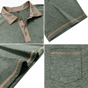 Macro details of men's polo shirt showing collar buttoning, stitching, and textured fabric