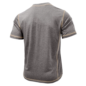 Detail of grey short sleeve Henley shirt featuring contrast gold-brown stitching on the back
