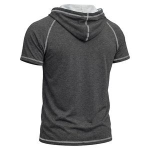 Detailed rear view of a casual men hooded t-shirt with white contrast stitching