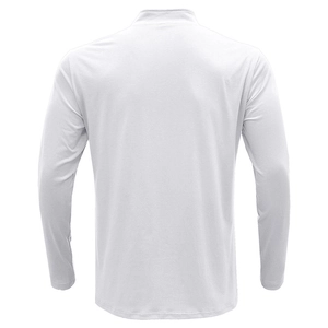 Detailed back view of white long sleeve polo shirt with high collar and knit texture