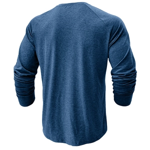 Back view of a slim-fit men's long-sleeve Henley T-shirt in dark blue heather knit