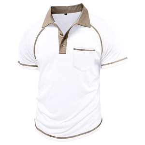 Detail view of contrast stitching and khaki pocket on white short sleeve polo shirt