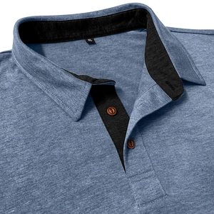 Detail view of men's blue polo shirt with black contrast collar and wood-style buttons