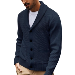 Men's navy shawl collar knit cardigan with pockets and ribbed cuffs in casual style
