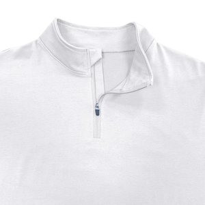 Close-up of white long sleeve polo shirt featuring a stand collar and metallic zipper detail
