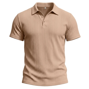 Close-up of light khaki short sleeve polo shirt with vertical texture and two-button collar