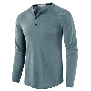 Men's waffle knit long sleeve Henley shirt in greyish-blue with three-button placket