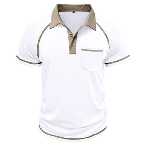 Detail of white cotton Polo shirt with khaki contrast stitching and chest pocket detail