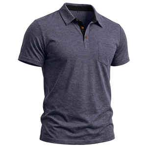Close-up of men's dark grey polo shirt with pocket, knit texture, and buttoned collar