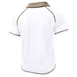 Back view of a white short sleeve polo shirt with brown contrast piping details