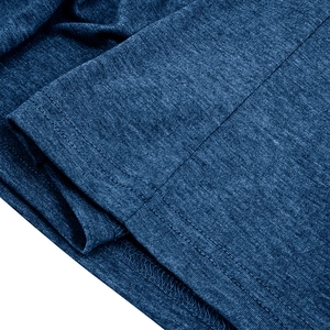 Detailed close-up of dark blue heather knit fabric showing durable double-needle stitching
