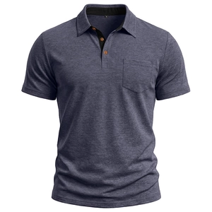 Detail of grey-blue polo shirt with orange buttons, chest pocket and collar texture