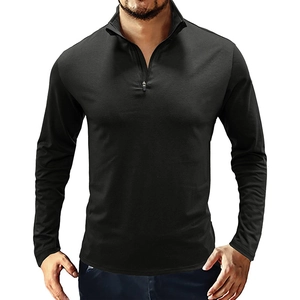 Close-up of men's slim fit black long sleeve polo shirt with metal quarter zipper detail