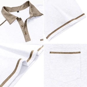 Detail view of white Polo shirt showing brown contrast piping and wood texture buttons
