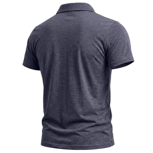 Rear view detail of a men's polo shirt in heather grey showing fabric texture and seams